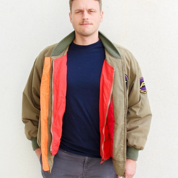 SOLD - Rare Vintage 1980s Green Flight Bomber Jacket with Blue Grass Inc - Picture 3 of 8